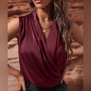 SHEIN Solid Ruched Overlap Collar Sleeveless Satin Blouse